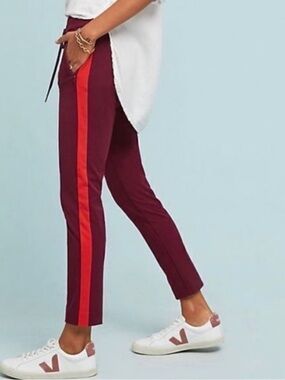 Anthropologie The Essential Slim Maroon Athleisure Joggers Red Stripe Size 8